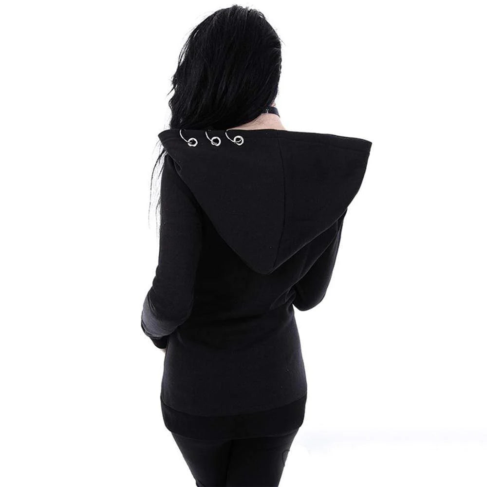 Women's Gothic Metal Rings Zipper Hooded Jackets