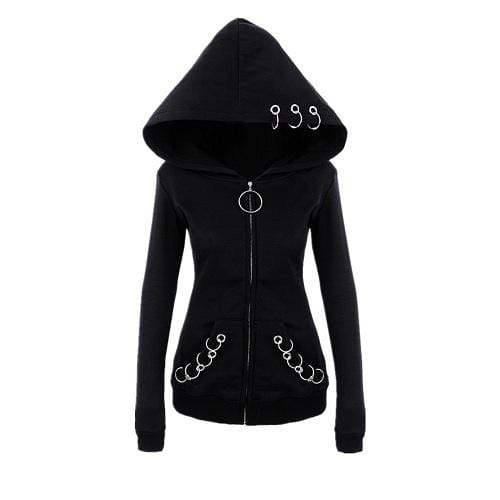 Women's Gothic Metal Rings Zipper Hooded Jackets