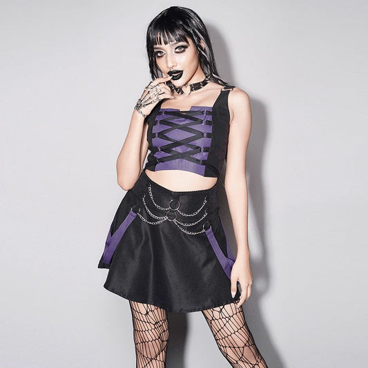 Women's Grunge Double Color Chain Skirt with Bustier