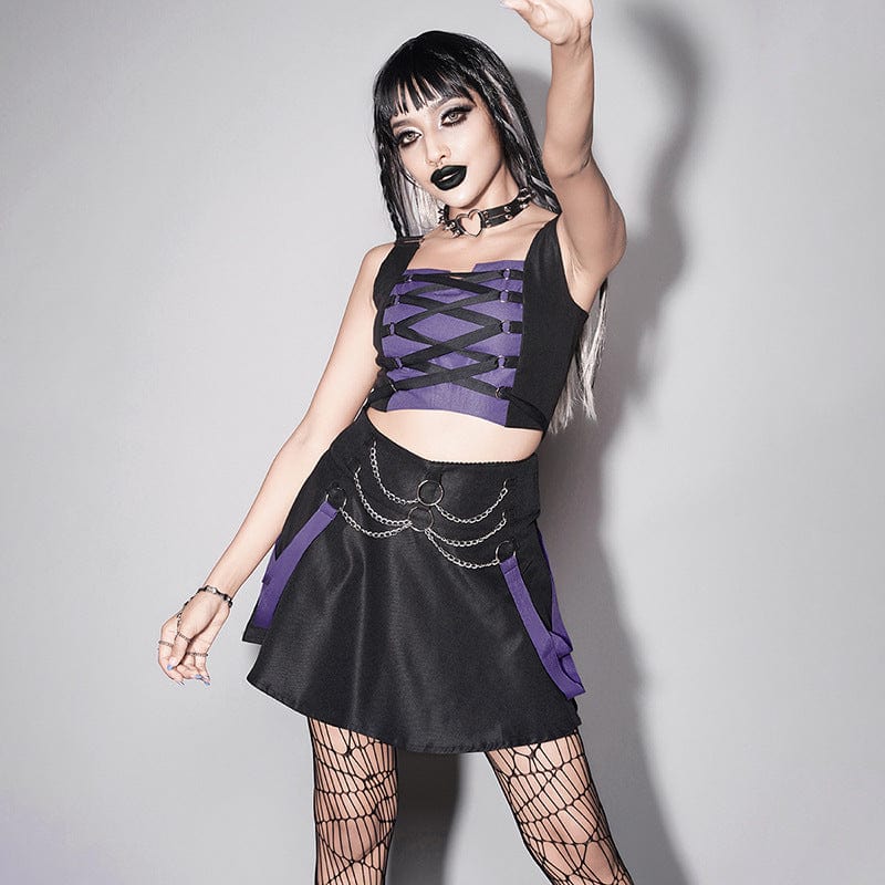 Women's Grunge Double Color Chain Skirt with Bustier