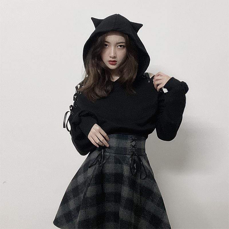 Women's Lace-up Hollowed Short Sweatershirt With Hood