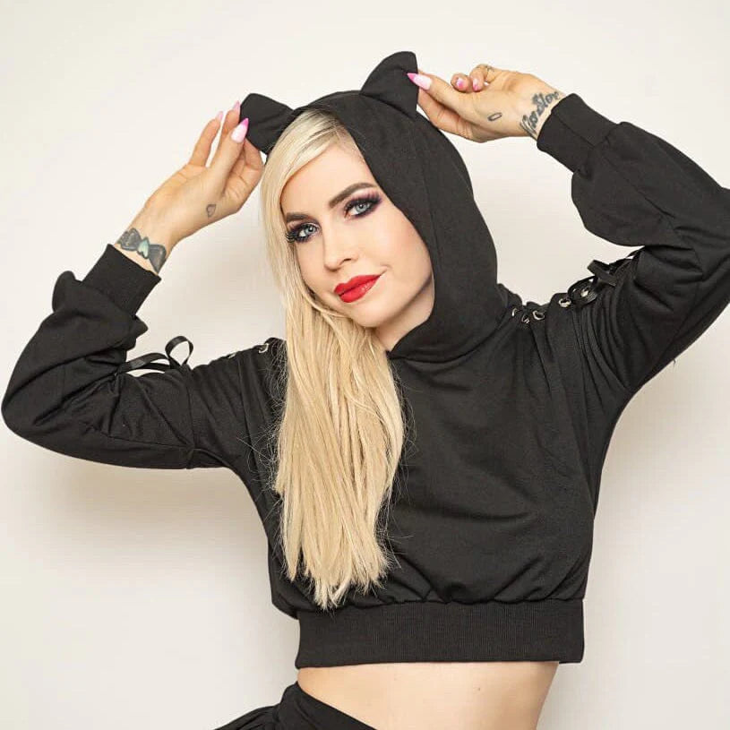 Women's Lace-up Hollowed Short Sweatershirt With Hood