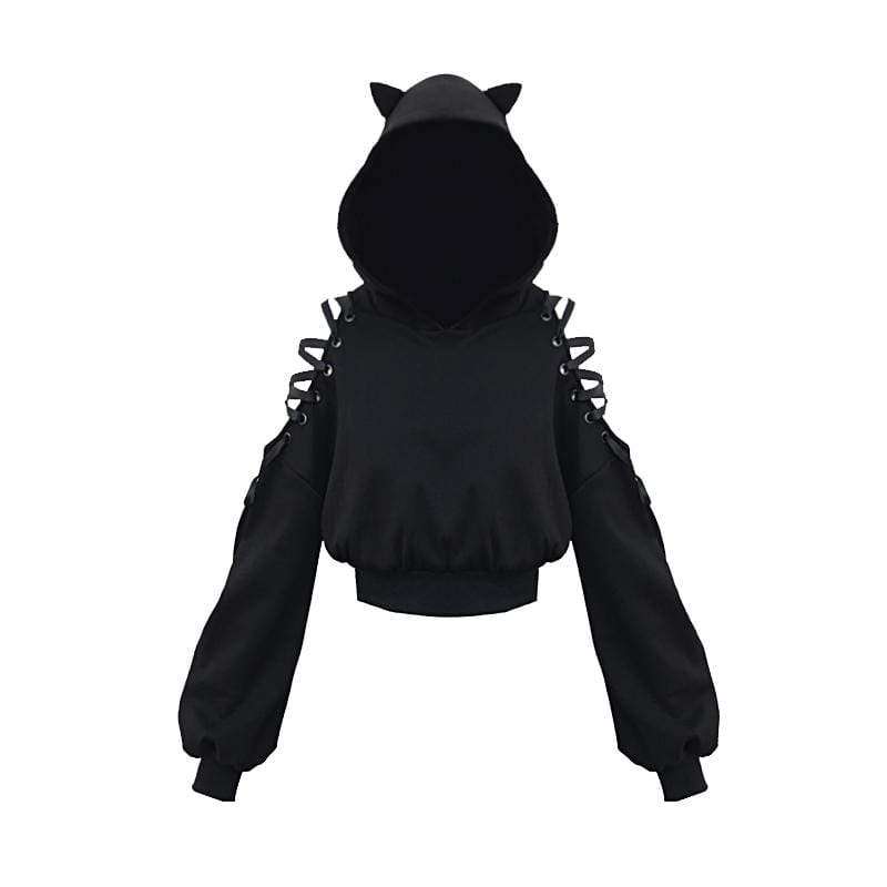 Women's Lace-up Hollowed Short Sweatershirt With Hood