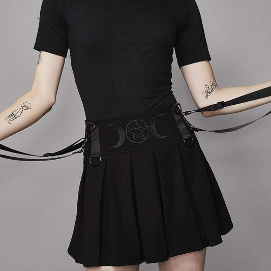 Pentacle and Double Moon Embroidered Sashes A-line Mini Skirt