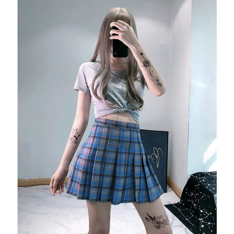 Plaid & Pleated Mini Skirt With Safety Pants