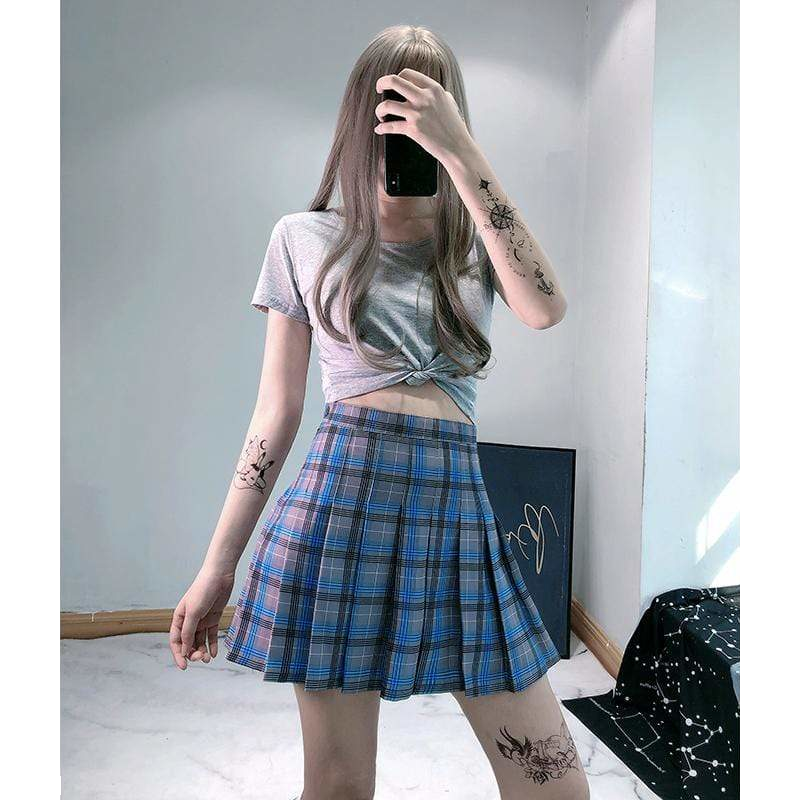 Plaid & Pleated Mini Skirt With Safety Pants