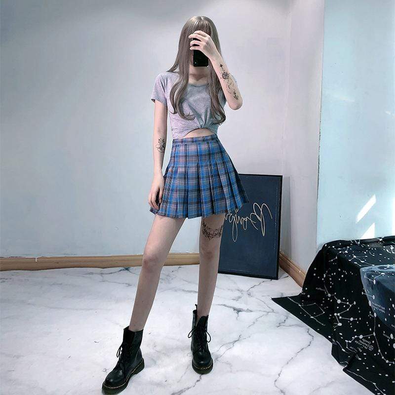 Plaid & Pleated Mini Skirt With Safety Pants