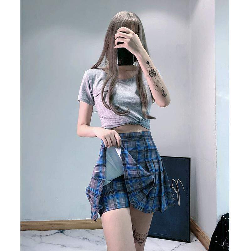 Plaid & Pleated Mini Skirt With Safety Pants