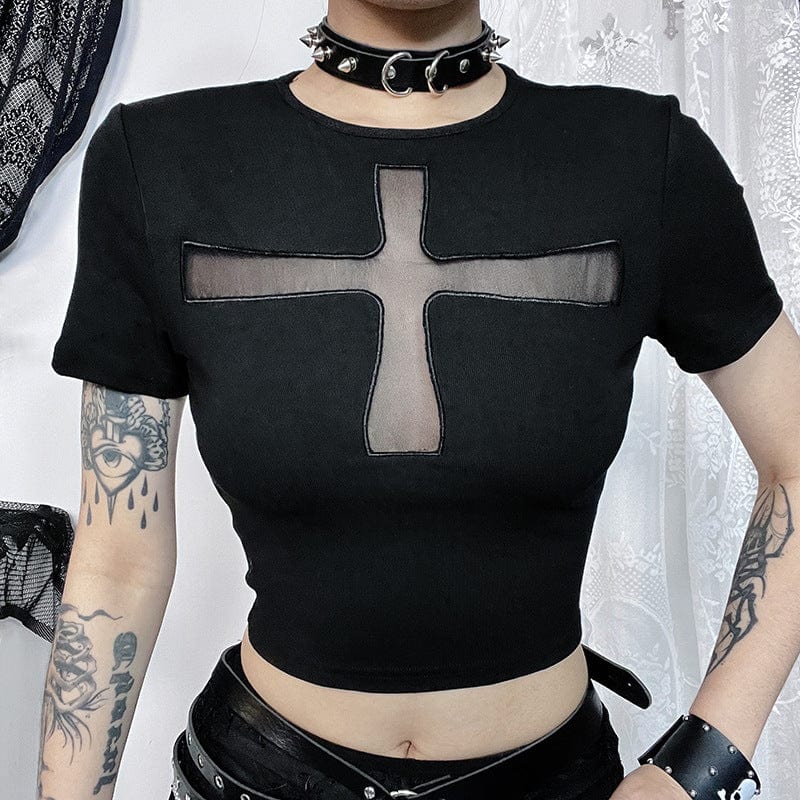 Women's Punk Cross Mesh Splice Crop Top