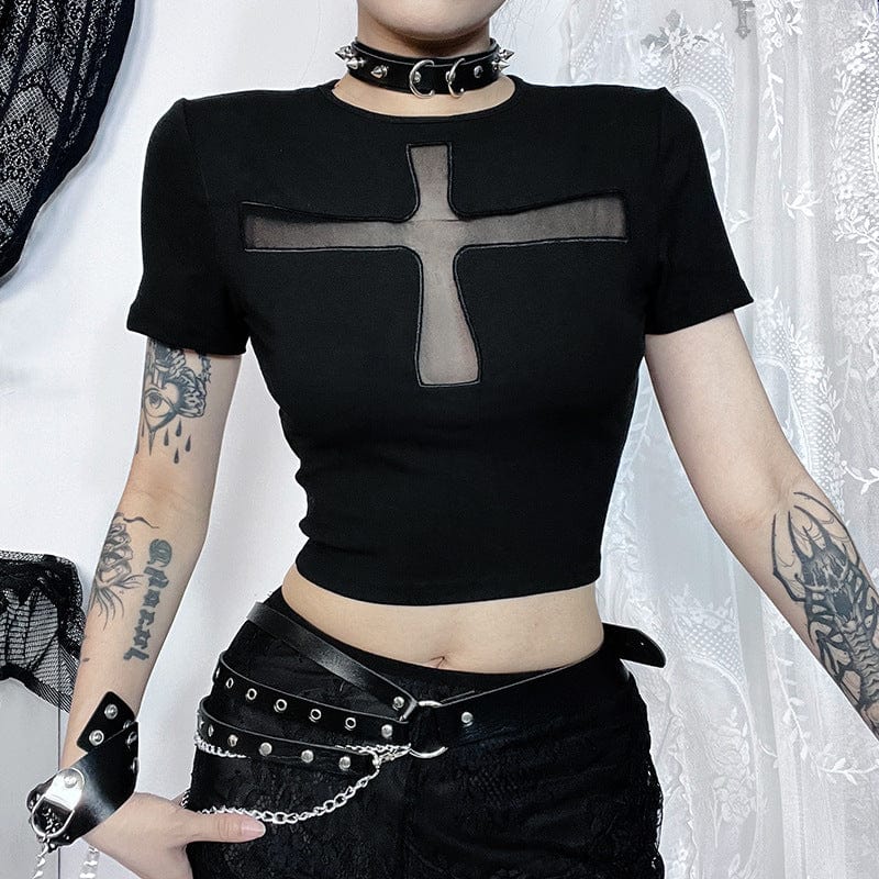 Women's Punk Cross Mesh Splice Crop Top