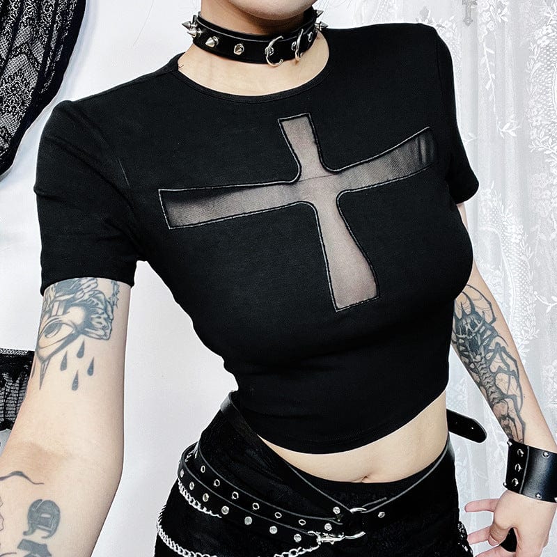 Women's Punk Cross Mesh Splice Crop Top