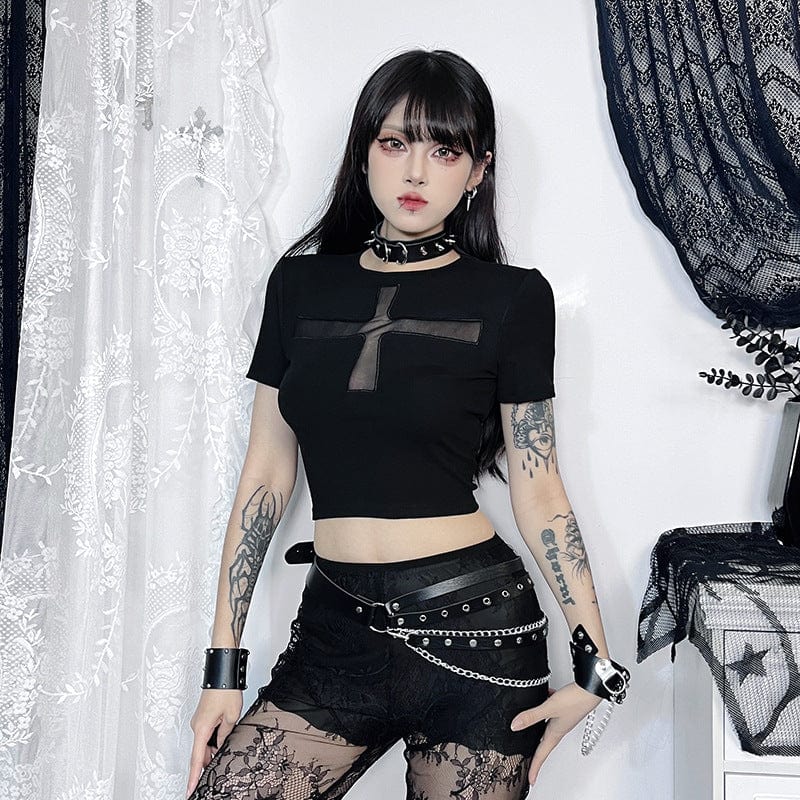 Women's Punk Cross Mesh Splice Crop Top