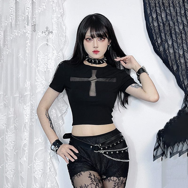 Women's Punk Cross Mesh Splice Crop Top