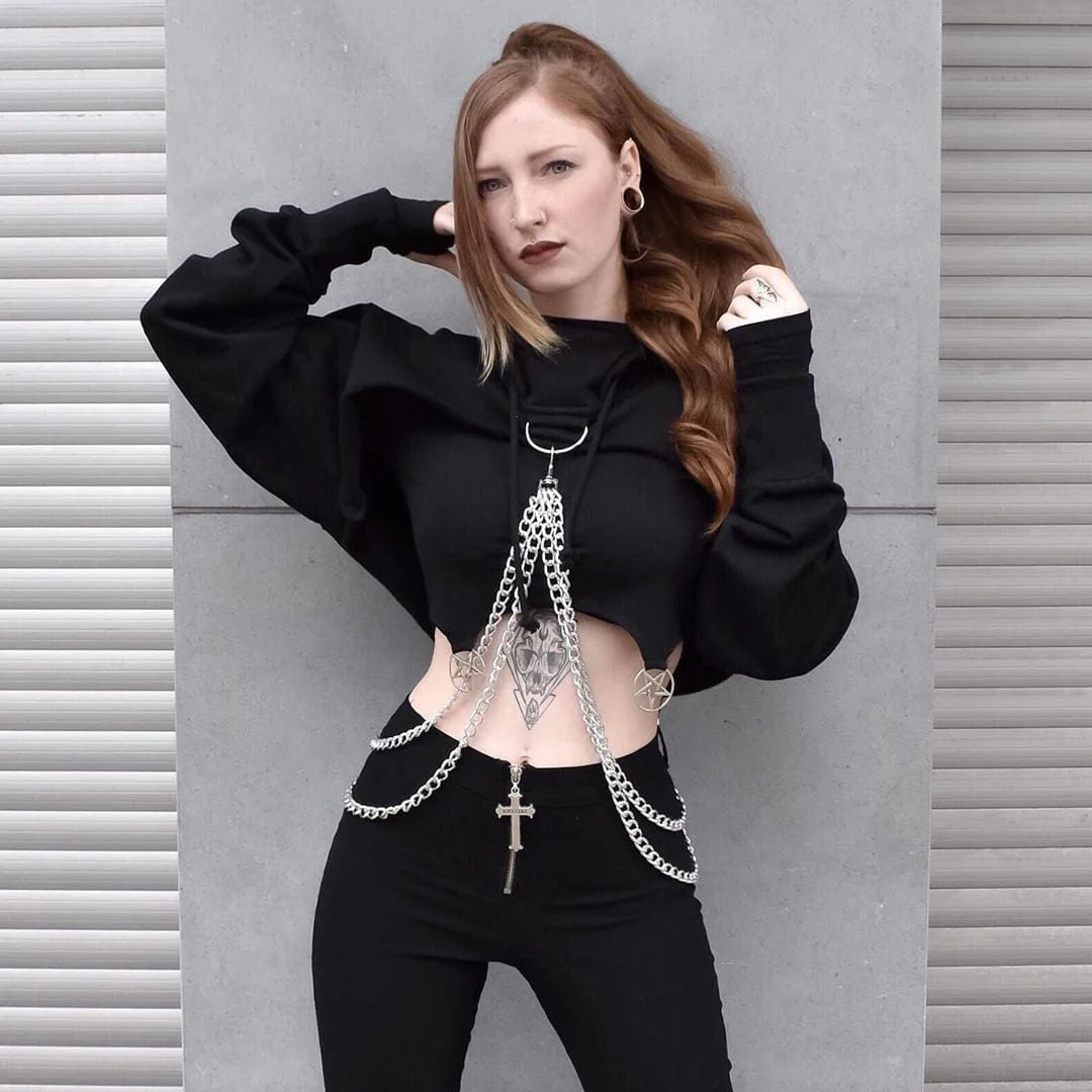 Women's Punk Suspender Black Cropped Hoodie