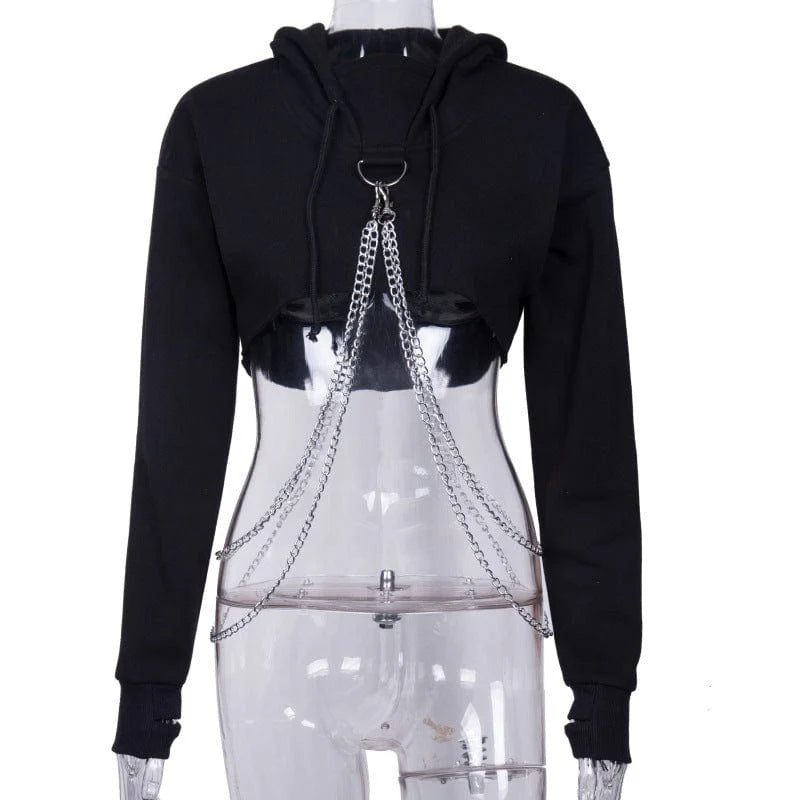 Women's Punk Suspender Black Cropped Hoodie