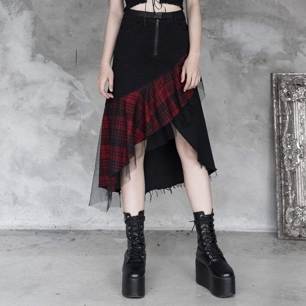 Goth Front Zip High-waisted Plaid Irregular Skirt