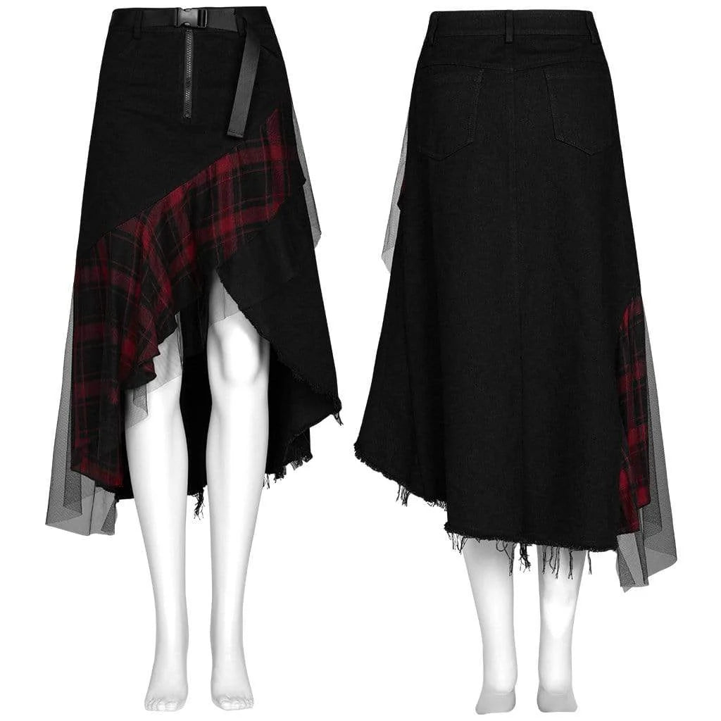 Goth Front Zip High-waisted Plaid Irregular Skirt