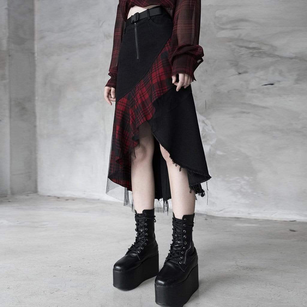 Goth Front Zip High-waisted Plaid Irregular Skirt