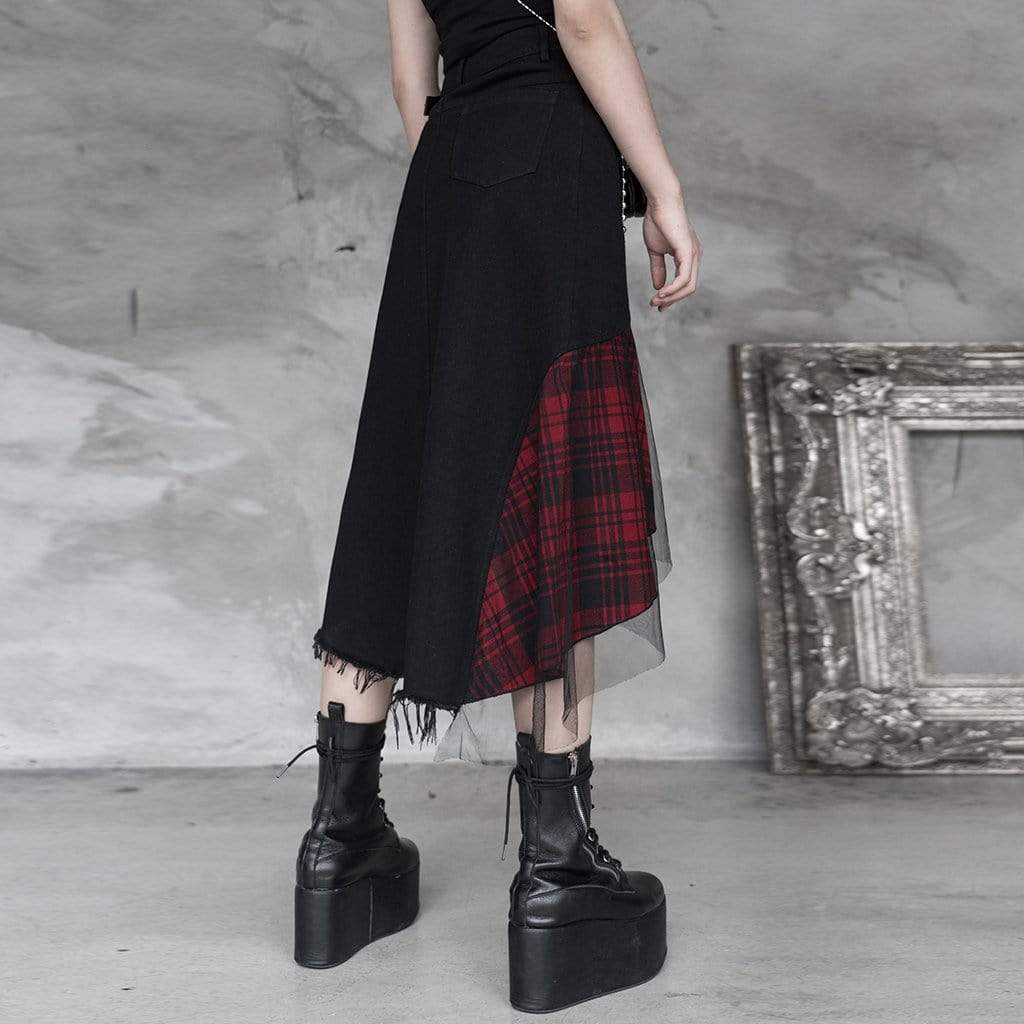 Goth Front Zip High-waisted Plaid Irregular Skirt