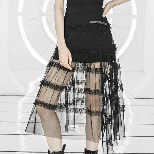 Punk Ruffled Sheer Lace Overlaid Skirt