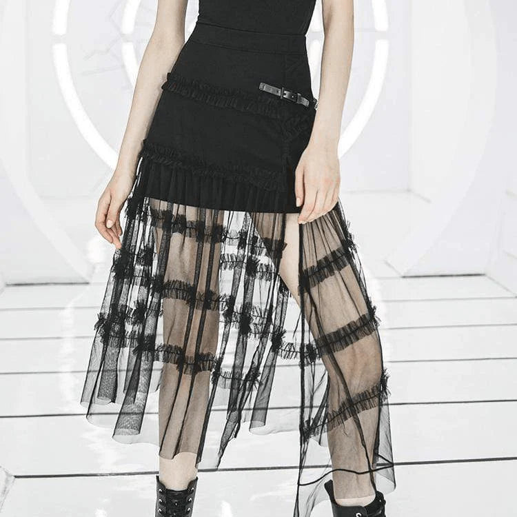 Punk Ruffled Sheer Lace Overlaid Skirt