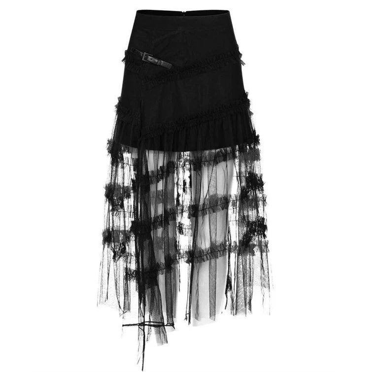 Punk Ruffled Sheer Lace Overlaid Skirt