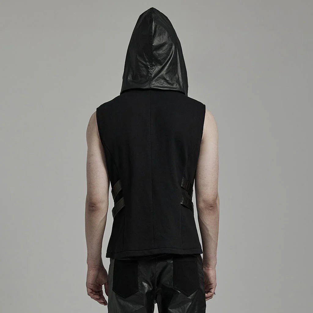 Men's Punk Mesh Splice Faux Leather Vest with Hood