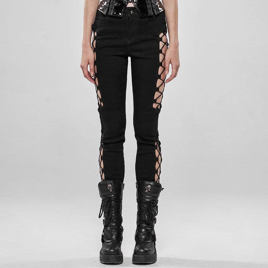 Women's Punk Hollow Out Lace-up Black Pants