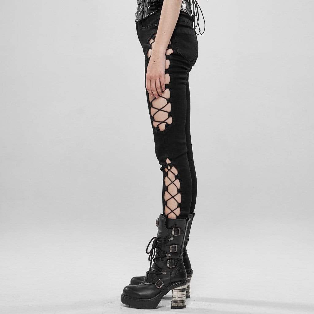 Women's Punk Hollow Out Lace-up Black Pants