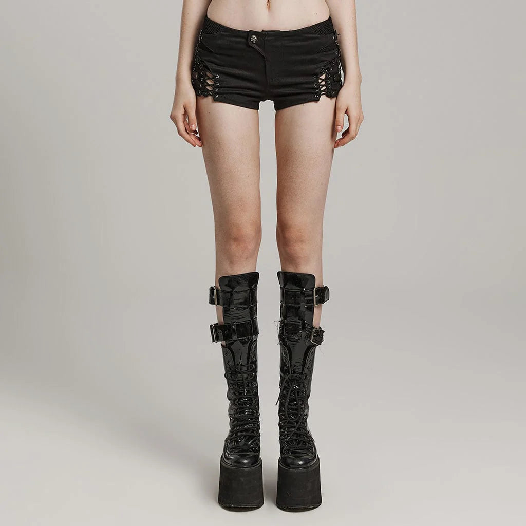 Women's Punk Lace-Up Mesh Buckle Shorts