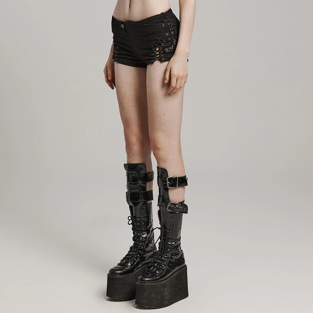 Women's Punk Lace-Up Mesh Buckle Shorts