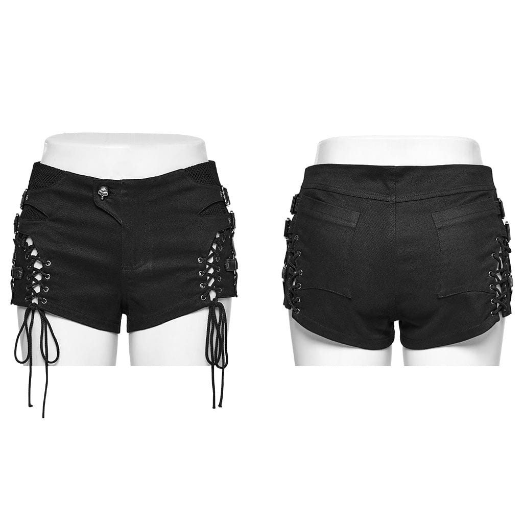 Women's Punk Lace-Up Mesh Buckle Shorts