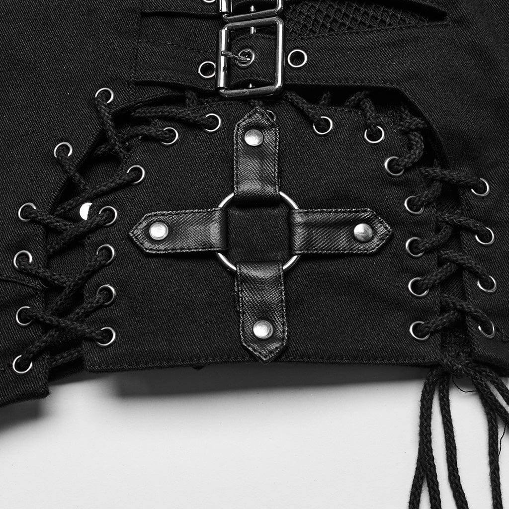 Women's Punk Lace-Up Mesh Buckle Shorts