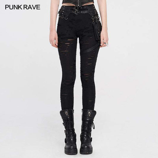 Women's Punk Metal Buckle Black Pants With Harness