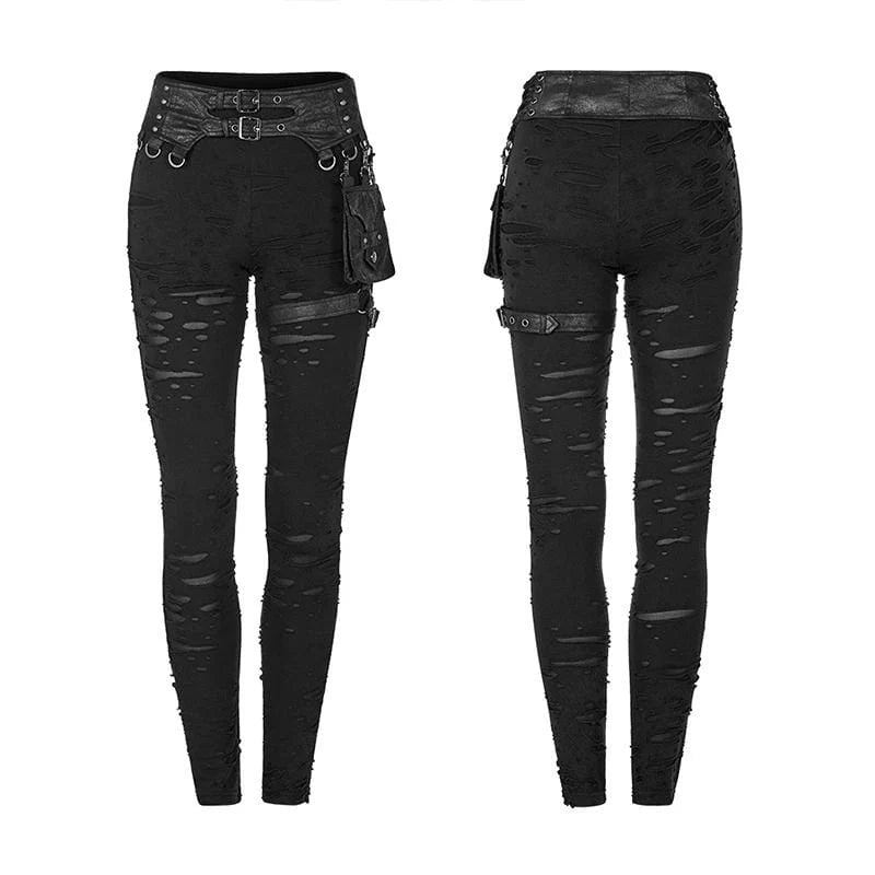 Women's Punk Metal Buckle Black Pants With Harness