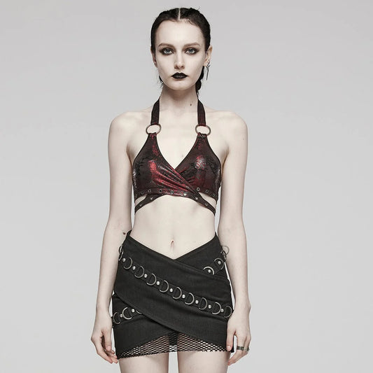 Women's Punk Ring Eyelet Halter Bustier Maroon