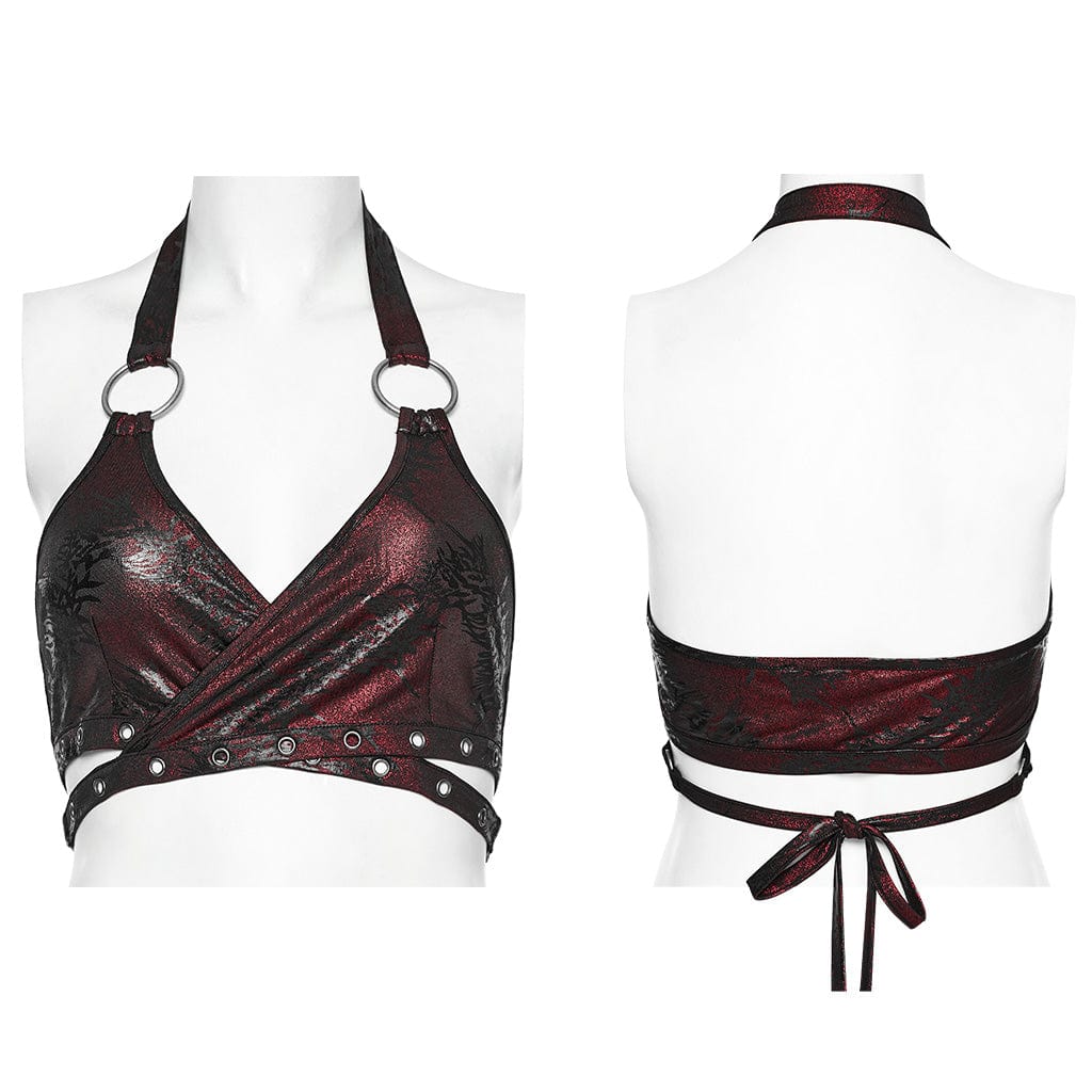 Women's Punk Ring Eyelet Halter Bustier Maroon