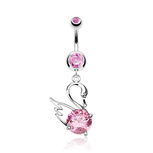 CLEARANCE - Pink - Swan with CZ Gemstones Navel / Belly Ring