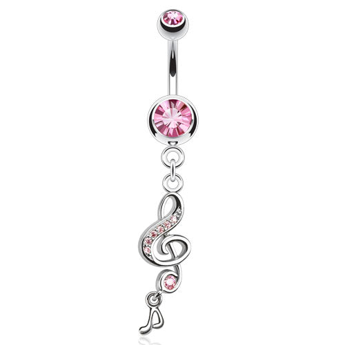 CLEARANCE - Pink - Treble Clef with Paved CZ Gems and Music Note Belly / Navel Ring