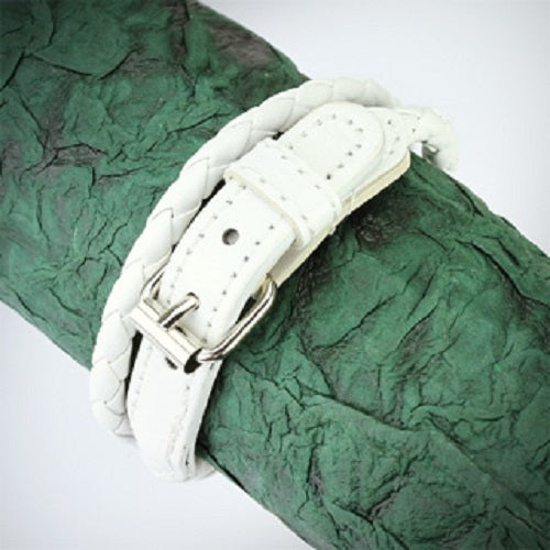 CLEARANCE - White Leather Weave Double Wrap Bracelet with Buckle End Closure