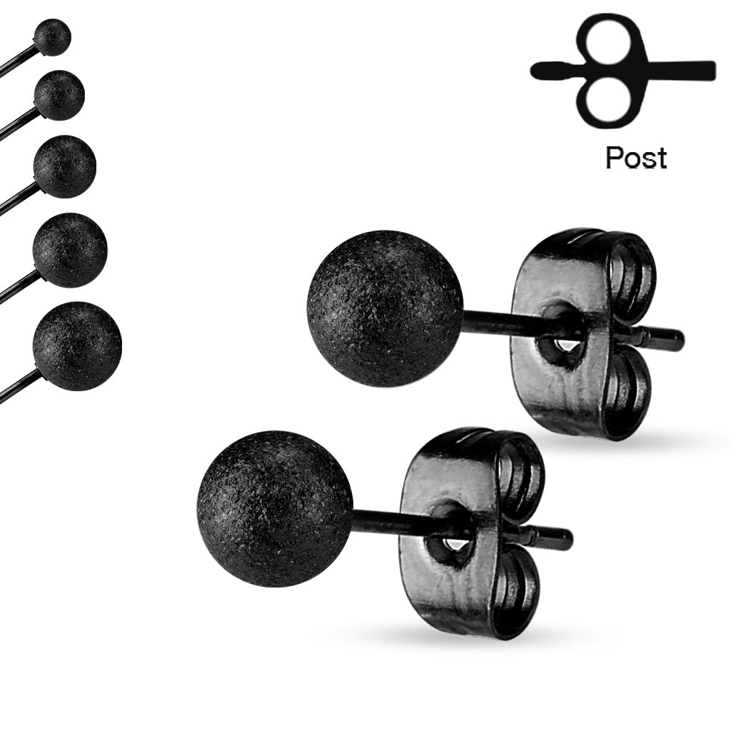 CLEARANCE - Pair of Sparkling Black Sand Blast Finish Ball Post Earrings