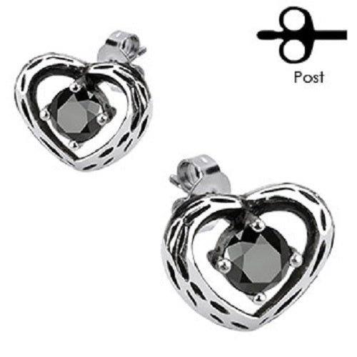 CLEARANCE - Pair of Vintage Casted Heart with Black CZ Stud Earrings